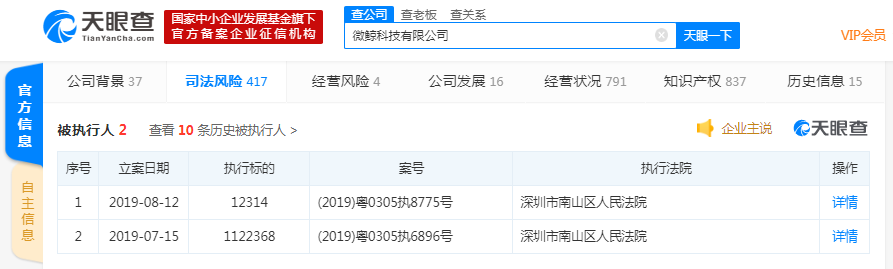 互联网电视品牌“微鲸科技” 新增被执行人信息