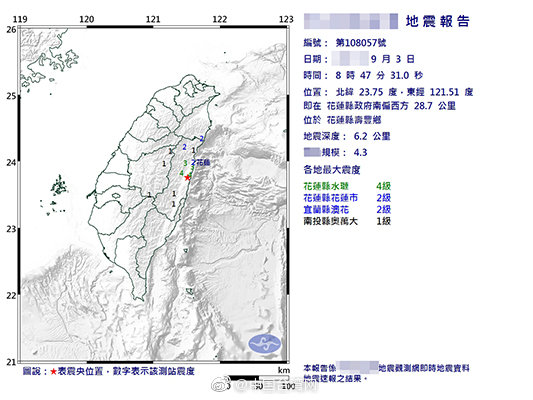 [中国台湾网]台湾花莲发生4.3级浅层地震 台铁暂停1140人受影响