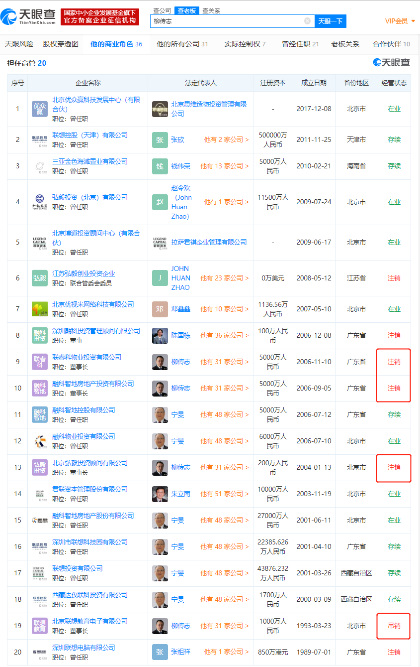 柳传志不再担任联想控股（天津）法人