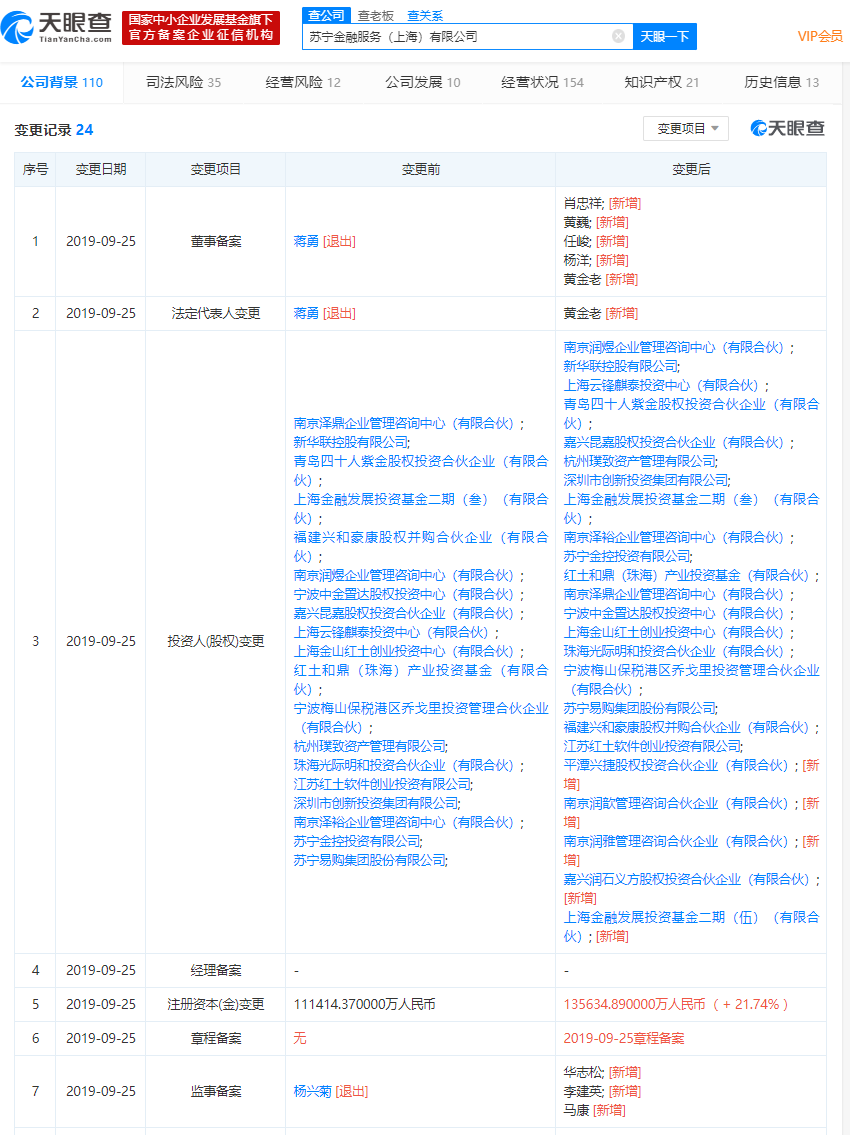 苏宁金服发生多项工商变更,苏宁金控加速入主