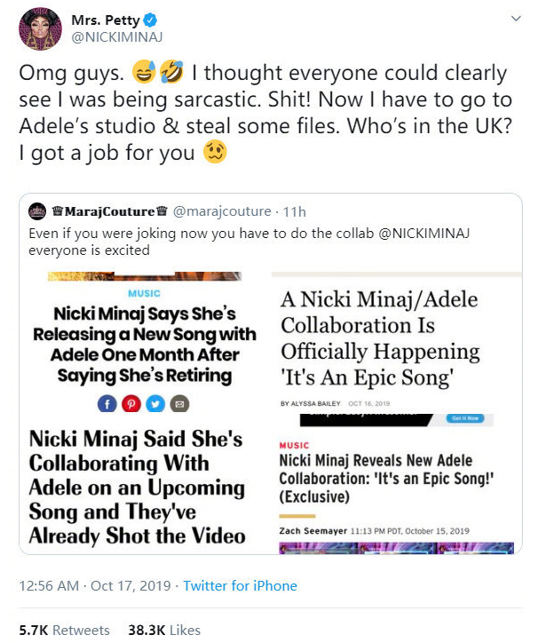 「娱情记事本」麻辣鸡发文澄清与阿黛尔合作：只是在讽刺