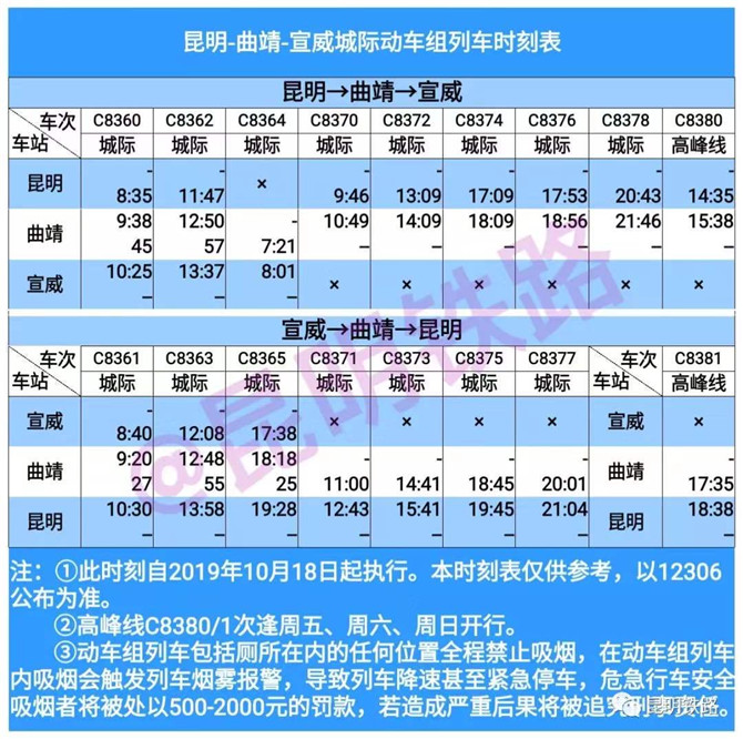 崑曲宣城際動車首發到曲靖二等座33元