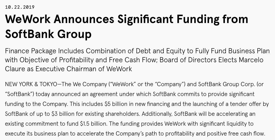 官宣：软银向WeWork新注资50亿美元持股80% COO任董事长