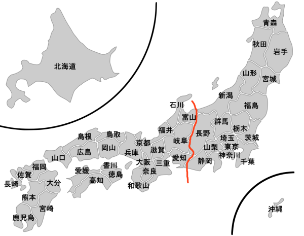 红线部分便是如今斋田点定时悠纪和主基的分界线