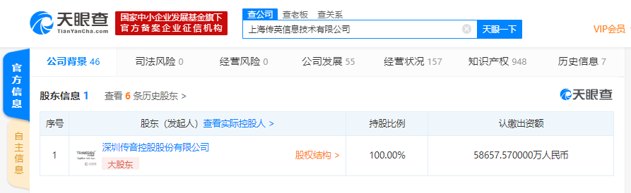 传音控股全资子公司注册资本新增至约5.87亿,增幅约5766%
