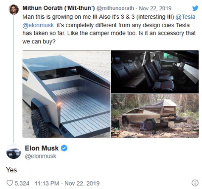 【IT之家】特斯拉Cybertruck会有露营版吗？马斯克：Yes