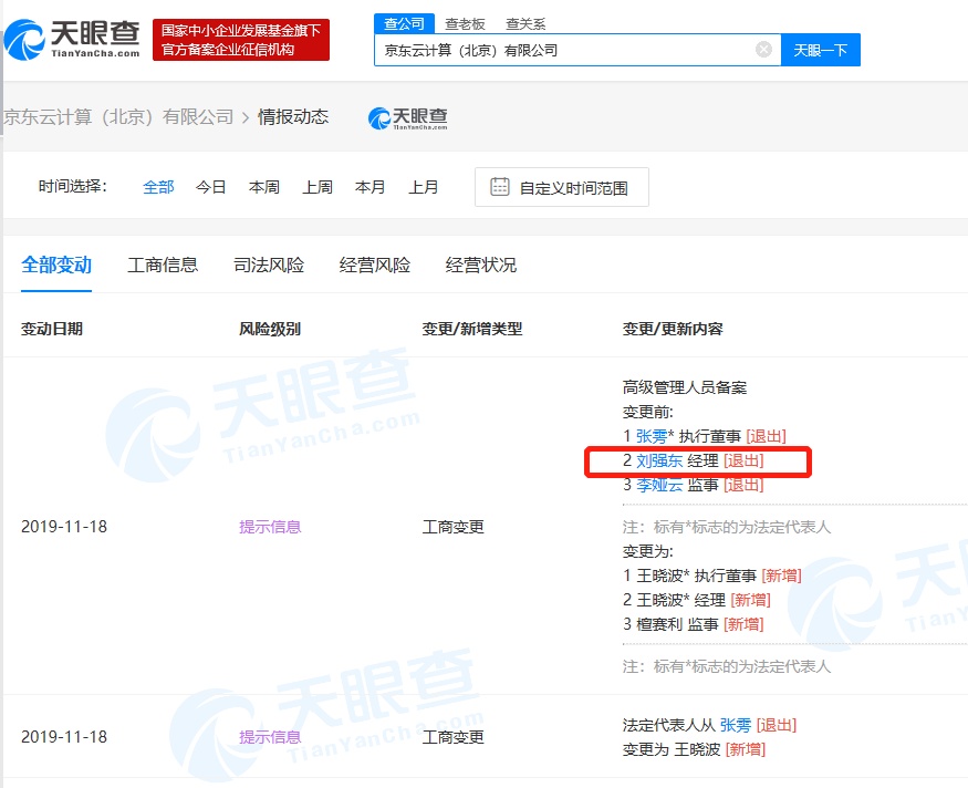 刘强东卸任京东云计算经理 助理张雱卸任执行董事