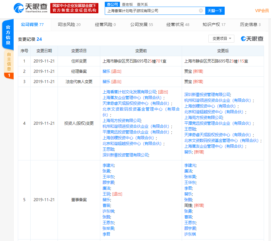 王思聪的香蕉游戏传媒发生工商变更 CEO裴乐卸任法人、经理 成第一大股东