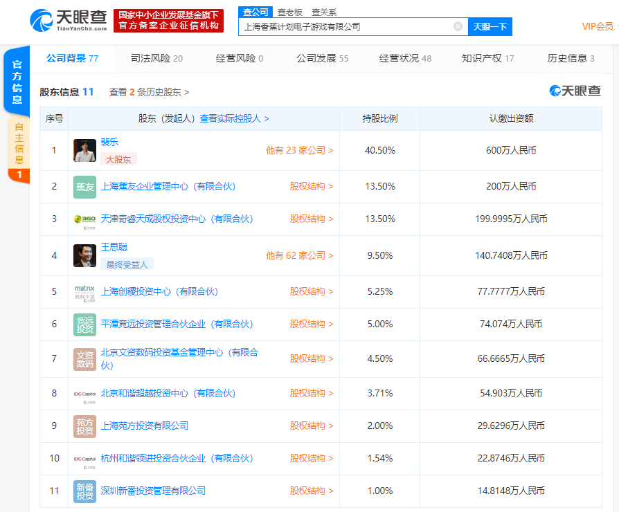王思聪的香蕉游戏传媒发生工商变更 CEO裴乐卸任法人、经理 成第一大股东