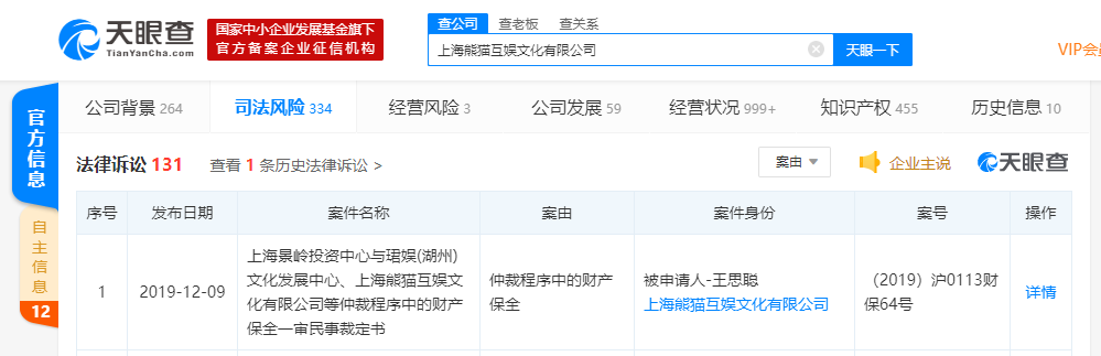 因股权纠纷问题 王思聪名下2200万元资产被冻结