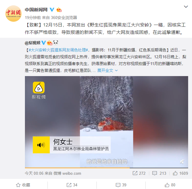 中新网就刊发“野生红狐现身大兴安岭”不实新闻致歉
