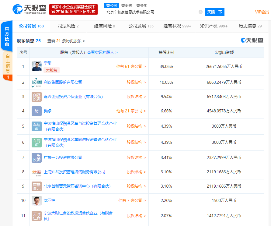 理想汽车注册资本降至约6.83亿人民币 多位投资人退出