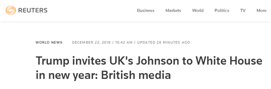 英媒：特朗普邀请英国首相约翰逊明年初访美