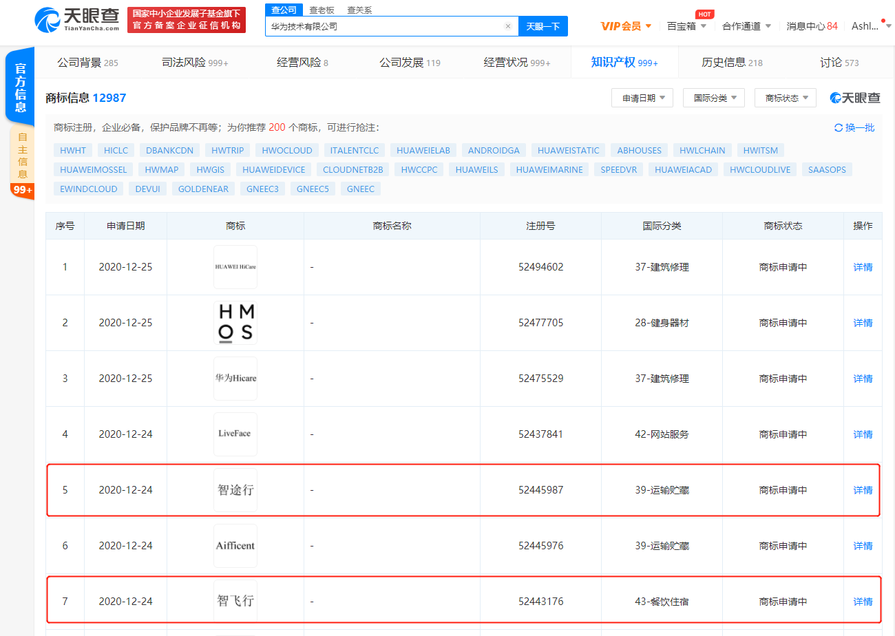 华为技术有限公司申请“智飞行”“智途行”商标