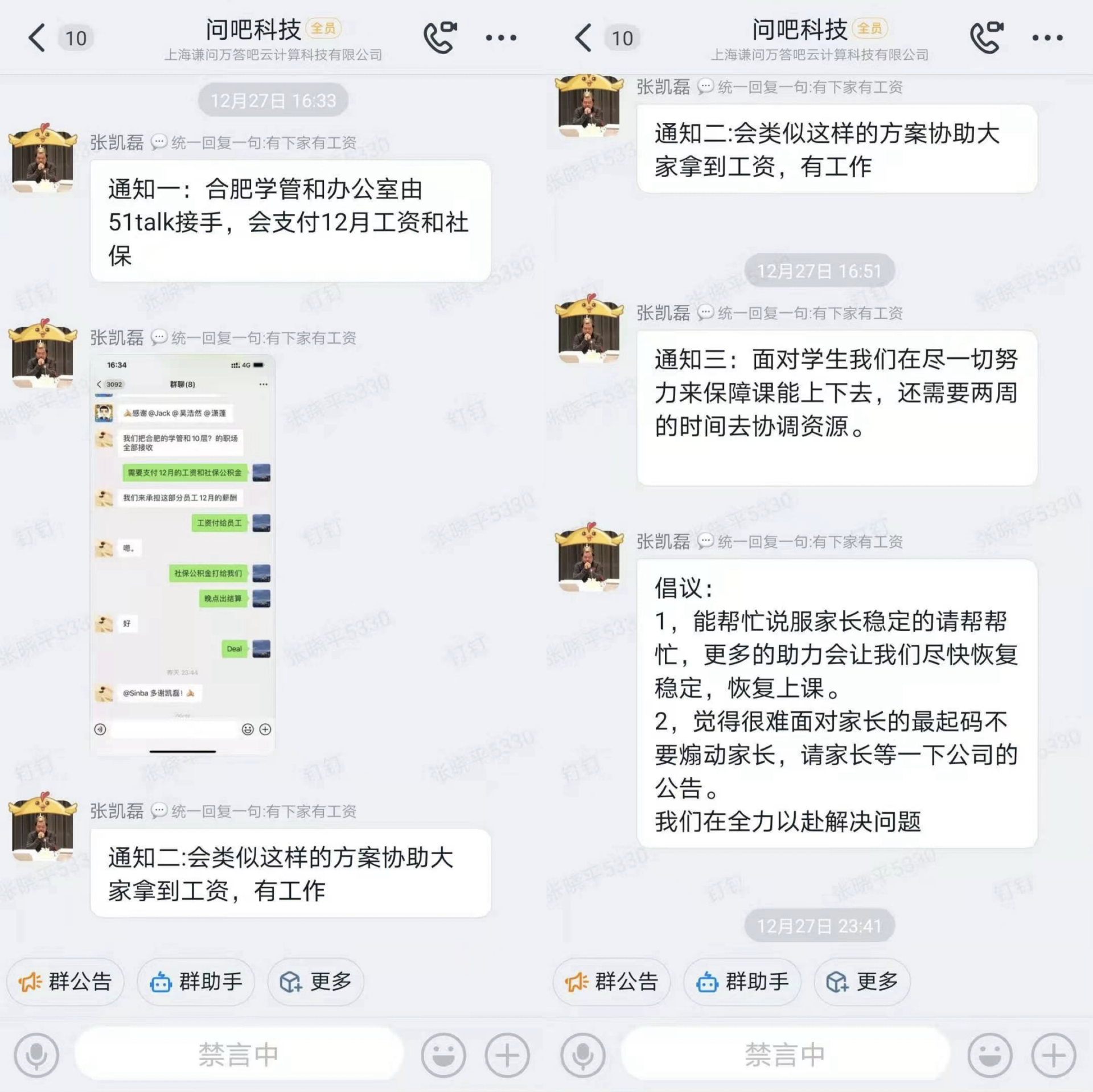 张凯磊在公司办公群聊中回应