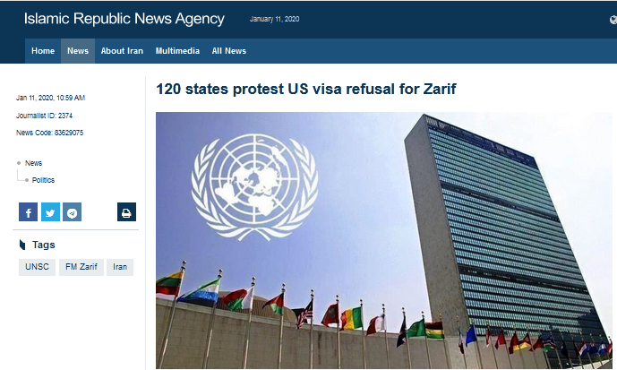 伊朗媒体：美国拒发伊外长赴联合国签证，120国联合抗议