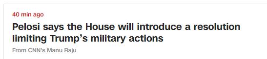 佩洛西：美众议院将提出议案 限制特朗普军事行动