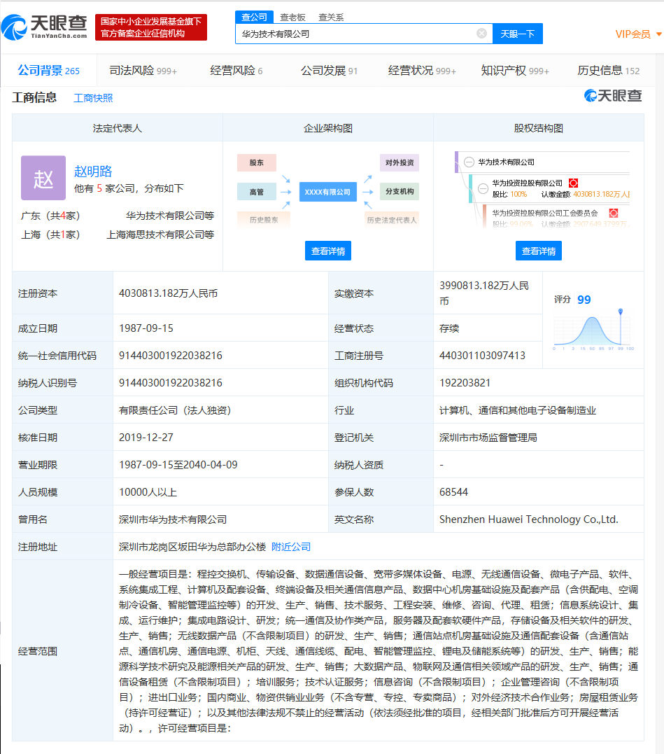 华为技术有限公司注册资本新增1亿人民币