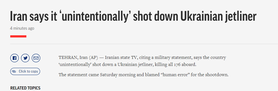 伊朗解释击落原因：客机起飞后靠近了一个敏感军事中心