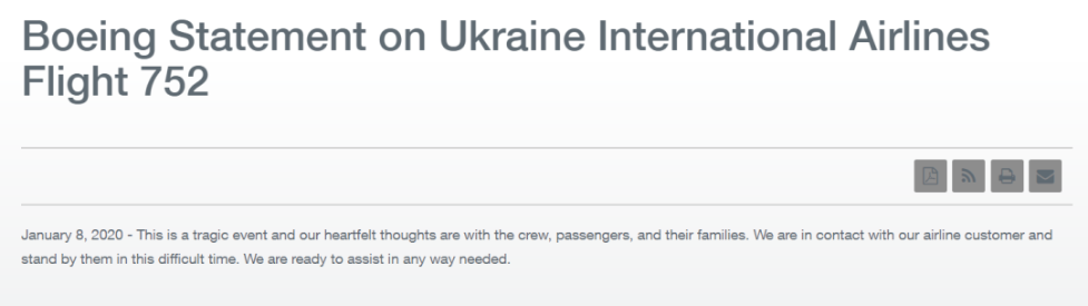 乌克兰客机在伊朗坠毁 波音回应