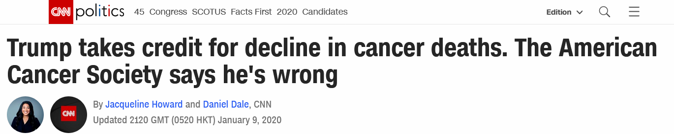 美国癌症死亡率下降，特朗普发推邀功被光速打脸