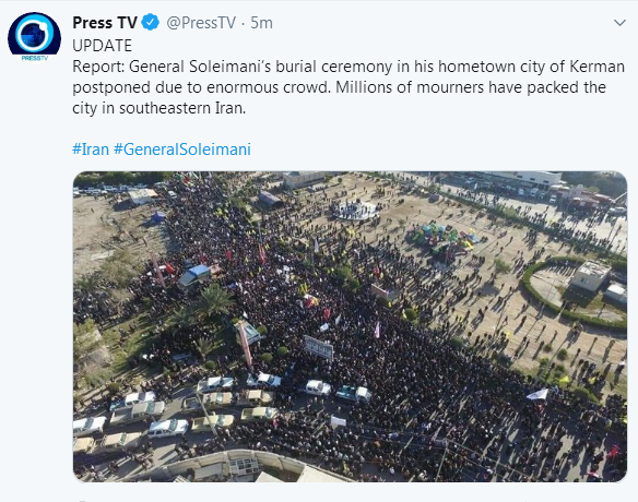 因送葬人员过多，伊朗遇害将军家乡葬礼推迟