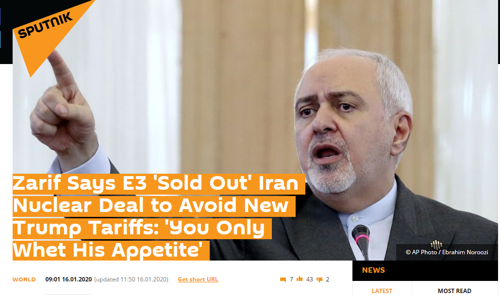 伊朗外长扎里夫指责欧盟：为逃避美国关税出卖伊朗核协议