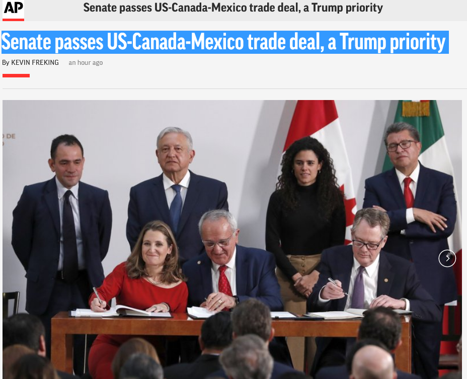 美国参议院通过美墨加贸易协定 取代北美自贸协定
