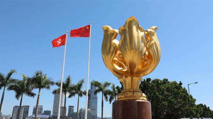 愤怒香港金紫荆广场遭涂鸦警方追缉黑衣男