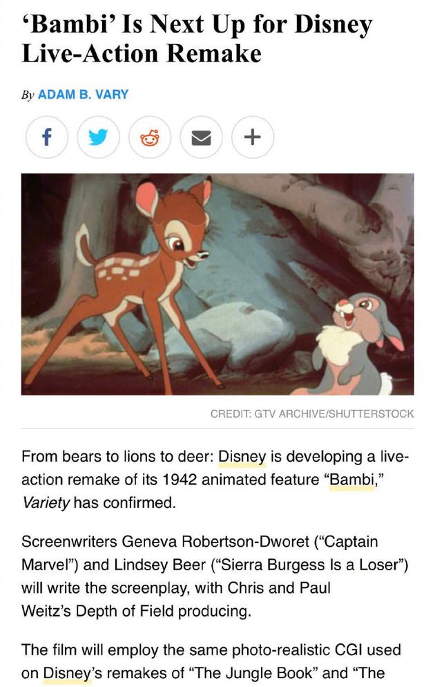 迪士尼将翻拍《小鹿斑比》：采用《狮子王》使用的CGI技术