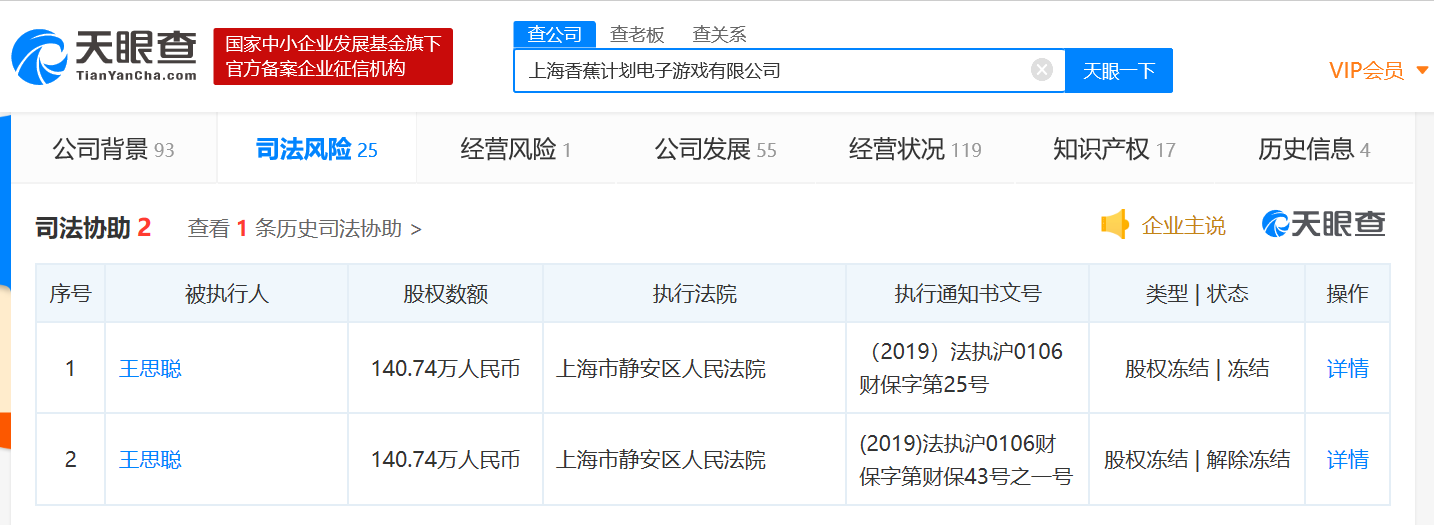 问题解决了?王思聪3家香蕉计划系企业超7200万股权已解除冻结