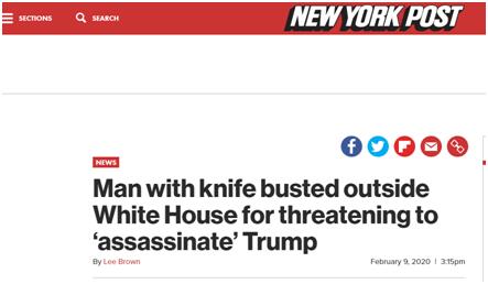 在白宫附近持刀声称刺杀特朗普，美国一名25岁男子被捕