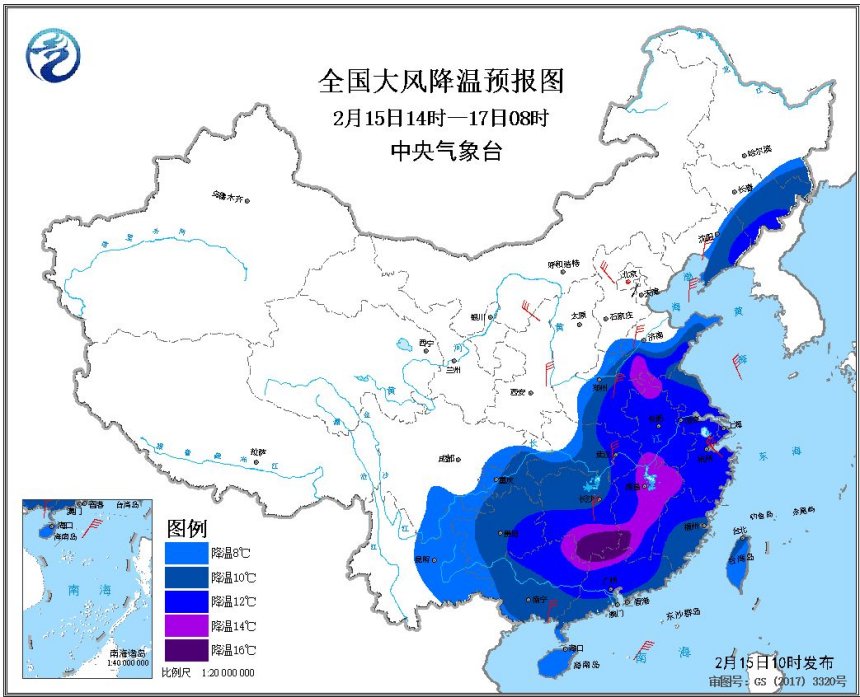 寒潮黄色预警：江南华南部分地区降温可达12至16℃