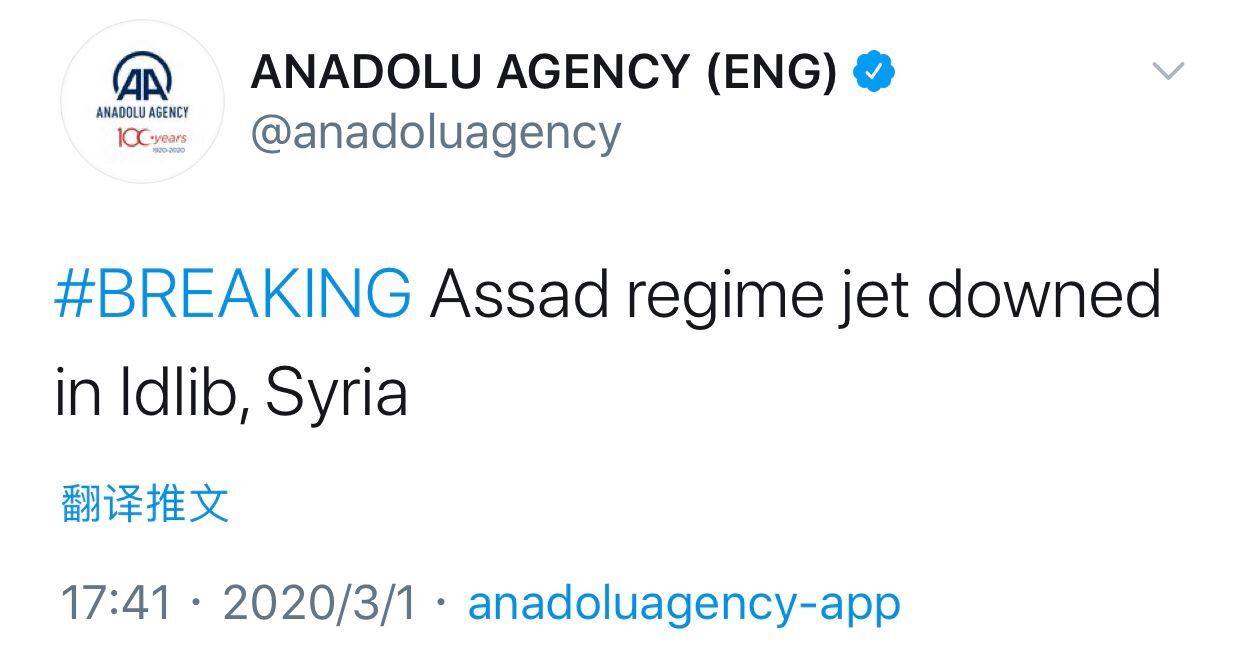 叙利亚政府一架飞机在伊德利卜省被击落