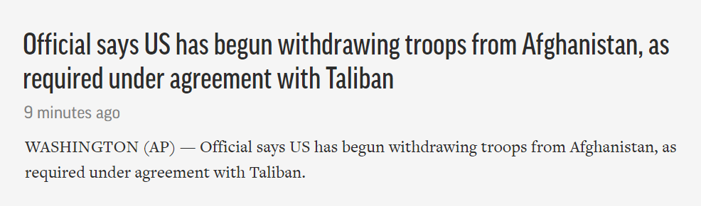 美国官员：美军已开始从阿富汗撤离
