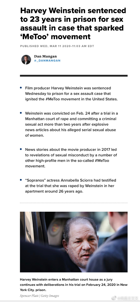 好莱坞知名制作人哈维·韦恩斯坦因性侵被判处23年监禁