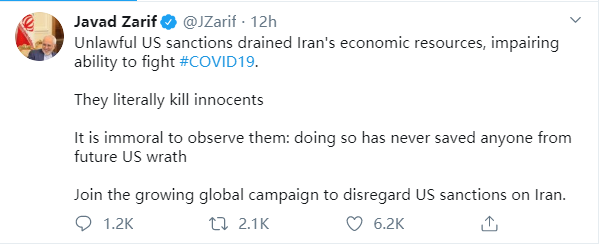 伊朗外长：疫情严重，呼吁各国无视美国对伊的制裁