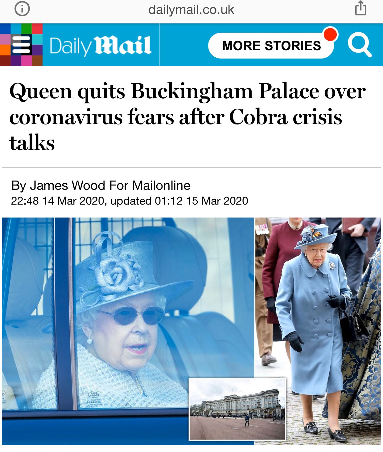 因担心感染新冠病毒，英国女王离开白金汉宫
