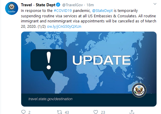 美国宣布暂停所有常规签证服务