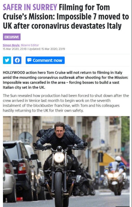 《碟中谍7》继续拍摄 将在英国复制意大利城市