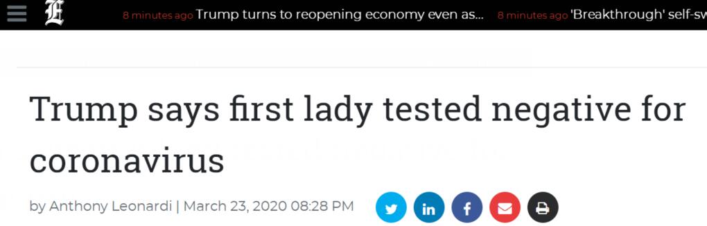 美国第一夫人新冠病毒检测呈阴性