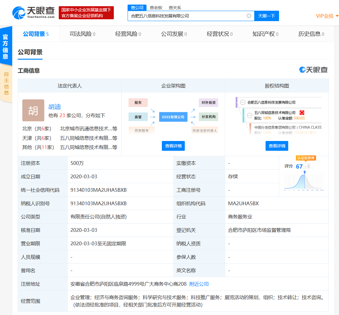 58同城在合肥成立新公司 注册资本500万