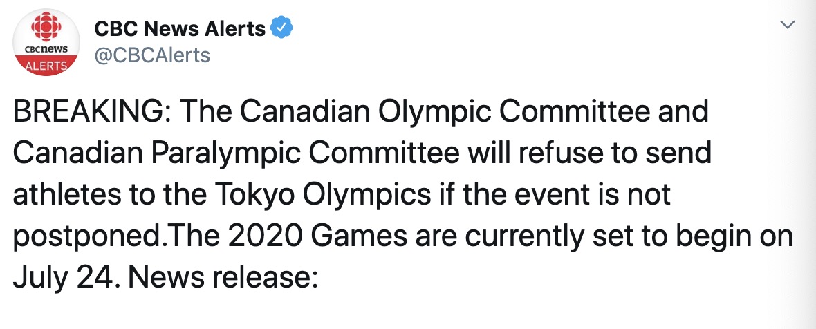加拿大：如果东京奥运会不推迟 将拒绝派运动员参加
