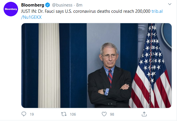 美国顶级专家：疫情可能导致20万美国人死亡