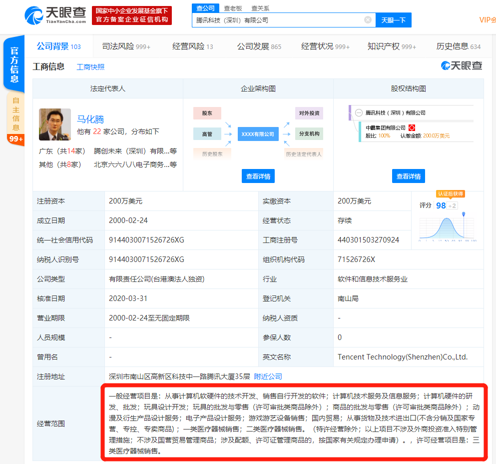 腾讯科技经营范围新增医疗器械等 全面助力抗击全球新冠疫情