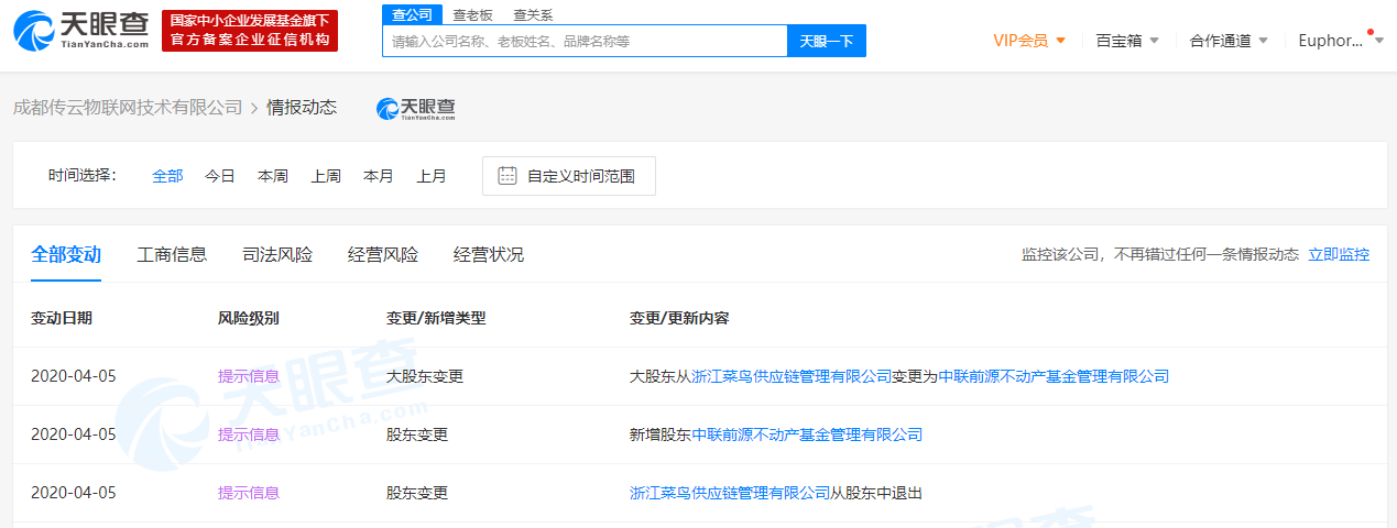 菜鸟网络退出成都传云物联网公司投资人之列,接手方为中联基金
