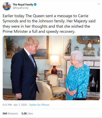 英国女王问候约翰逊未婚妻及其他家人 希望约翰逊早日康复