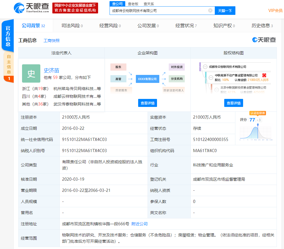 菜鸟网络退出成都传云物联网公司投资人之列,接手方为中联基金