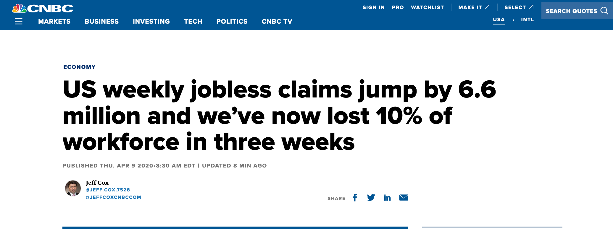 美国连续3周超过1600万人初请失业金，美媒：10%劳动力没了！