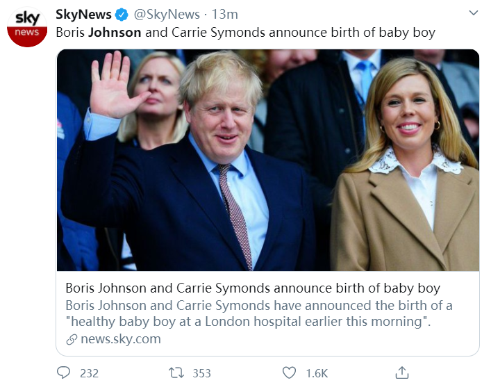 英国首相约翰逊女友产下一名男婴